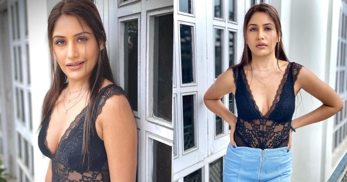 Surbhi Chandna Looks Like A Stunner In Black Lace Top With Denim Mini Skirt